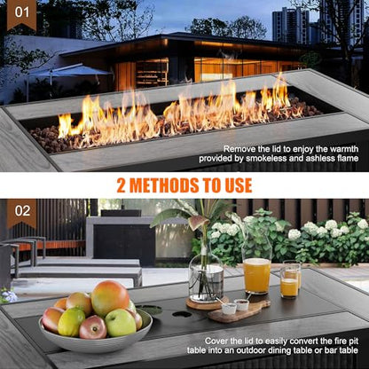 45 inch Propane Fire Pit Table, 50,000 BTU Outdoor Gas Fire Pit Table with Lid, Waterproof Cover, Rectangle Gas Firepit Table for Garden/Patio