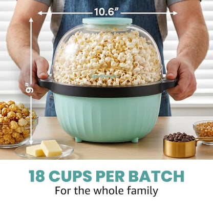 Elite Gourmet 4.5Qt. Stirring Popcorn Maker with Ceramic Coated Plate, Stirring Rod, Clear Cover Doubles as Serving Bowl, Butter Melting Tray, Up to 18 Cups, Makes Fresh Buttery Popcorn, Mint