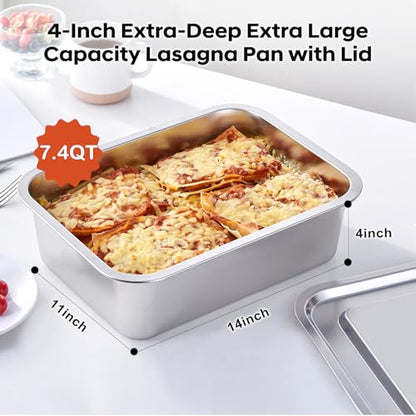 4 Inch Extra Deep Lasagna Baking Pan with Lid, 11x14 Inch 7.4QT Large Stainless Steel Nonstick Lasagna Baking Roasting Pans Casserole Dishes for Oven with Lids(M, 1 Pack)