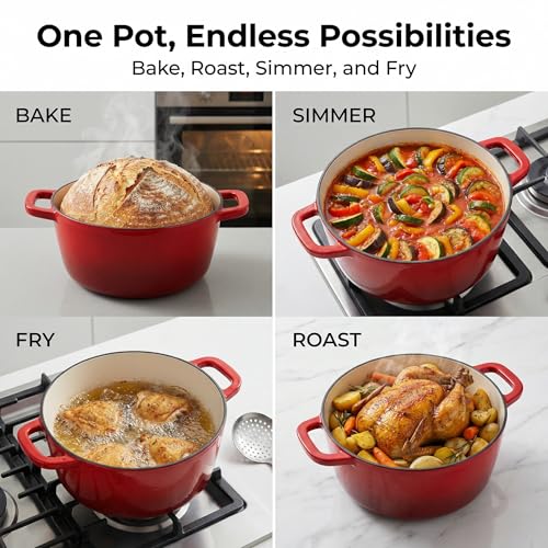 WOKINS 5.5QT Enamel Cast Iron Dutch Oven with Lid,Dual Handles,Versatile Heavy-Duty Non-toxic Cookware for Sourdough Bread Baking,Braising,Stews,Roasting,Oven Safe up to 500°F red