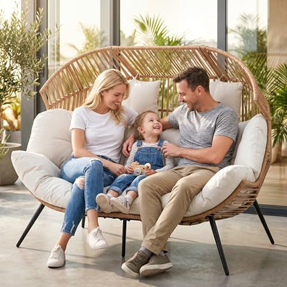JAMFLY Double Egg Chair Wicker Outdoor Chairs, 2 Person Oversized Patio Loveseat Lounge Chair with Cushion, Indoor Living Room Bedroom Outside Patio Backyard Balcony Leisure Chair, Creamy White