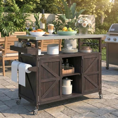 Waully 50.25" Outdoor Kitchen Island with Wheels for Food Prep, Strage, Bar, Rolling Outdoor Grill Table for Outside, Outside Cooking Table, Grill Carts, Cooking Station, Modular, Solid Wood, Brown