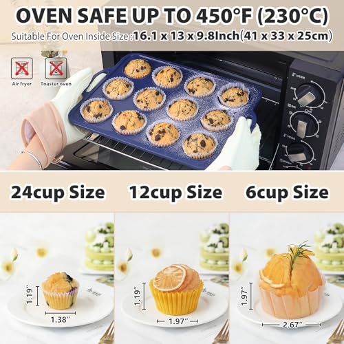 Vnray 2 Pack Silicone Muffin Pan 12 and 24 Cup with Metal Frame,Non Stick Silicone Mini Cupcake Pan with Handles, BPA Free Silicon Regular Muffin Tin Tray Small for baking, egg bites, Mold Grey