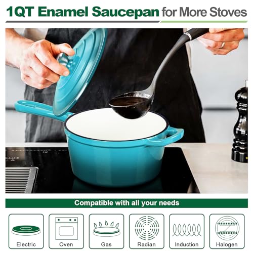 HaSteeL 1 QT Cast Iron Saucepan, Mini Enamel dutch oven with lid, Small Non Stick Pan for Milk, Pasta Tomato Sauce, Butter, Breakfast, Soup, Suitable for Boiling Stewing Frying, Easy to Clean, Green