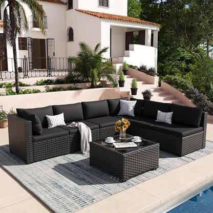VONZOY Patio Furniture Set, 7-Piece Outdoor Wicker Sectional Sofa, Black