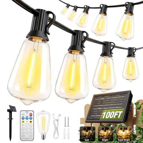 100FT Solar String Lights Outdoor Waterproof with Remote & Timer, LED Shatterproof ST38 Bulbs, USB & Solar Powered Patio Lights for Backyard, Porch, Garden, Wedding Decor, Dusk to Dawn Lighting