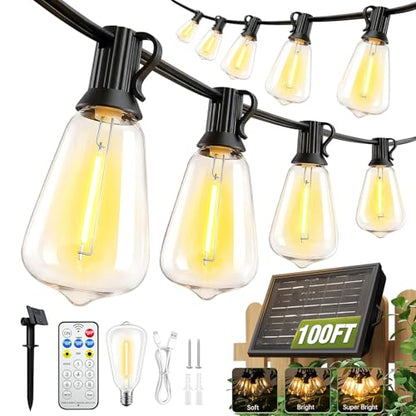 100FT Solar String Lights Outdoor Waterproof with Remote & Timer, LED Shatterproof ST38 Bulbs, USB & Solar Powered Patio Lights for Backyard, Porch, Garden, Wedding Decor, Dusk to Dawn Lighting