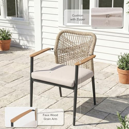 SUNSITT 9 Piece Outdoor Patio Dining Set, 63" - 105" Aluminum Expandable Outdoor Dining Table w/Thermal Transfer Wood Grain Tabletop, 8 Woven Wicker Patio Chairs w/WPC Armrests for Garden