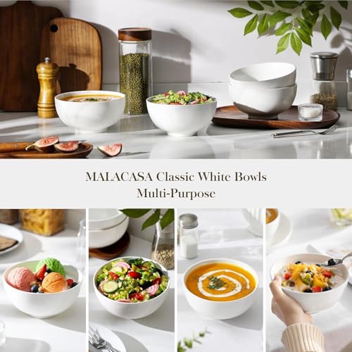 MALACASA 26 OZ Porcelain Soup Bowls Set of 4, White Ceramic Bowls for Kitchen, Cereal Bowl for Oatmeal, Fruit, Salad, Ramen and Rice Bowl -Dishwasher & Microwave Safe Bowls