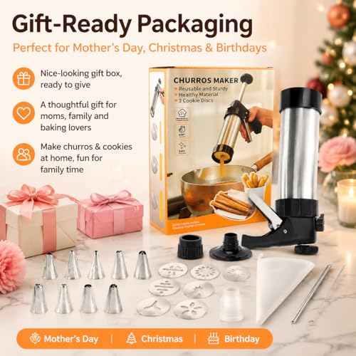 Stainless Steel Churro Maker Machine with 8 Discs Nozzles and 8 Piping Tips Cleaning Brush & Filling Piping Bag,maquina Para Hacer Churro cookie press
