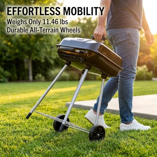 17.5 Inch Square Charcoal Grill with Wheels, Portable Outdoor BBQ Kettle Grill for Patio and Backyard Cooking, Porcelain-Coated Steel Grates and Adjustable Dampers, 302 Sq In Cooking Area, Black