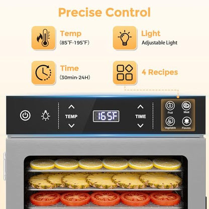 Suteck 12-Tray Food Dehydrator, 800W Dehydrator Machine with Stainless Steel Trays, Dual Fans & 360° Airflow, Digital Temp & Timer Control with 4 Presets, Quiet Dryer for Jerky, Fruit, Meat, Herbs