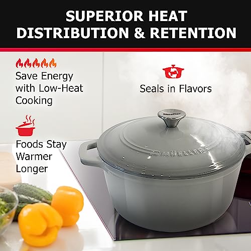Mueller 6 Quart Enameled Cast Iron Pot Dutch Oven, Heavy-Duty Oven-Safe up to 500° F, & Across All Cooktops, Casserole Dishes for Ovens, Bread Pan with Lid and Knob, Cast Iron Cookware, Grey