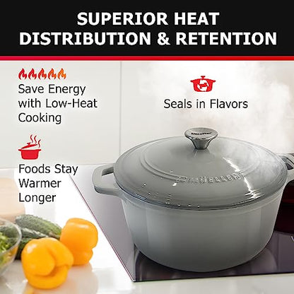Mueller 6 Quart Enameled Cast Iron Pot Dutch Oven, Heavy-Duty Oven-Safe up to 500° F, & Across All Cooktops, Casserole Dishes for Ovens, Bread Pan with Lid and Knob, Cast Iron Cookware, Grey