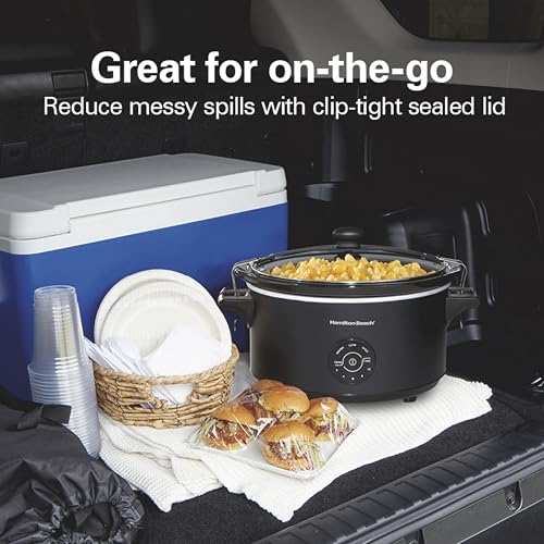 Hamilton Beach 7 Quart Stay or Go Portable Programmable Slow Cooker, 15 Cooking Options, Large Dishwasher Safe Stoneware Crock, Clip-Tight Glass Lid For Easy Travel, Black (33771)