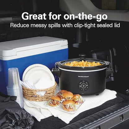 Hamilton Beach 7 Quart Stay or Go Portable Programmable Slow Cooker, 15 Cooking Options, Large Dishwasher Safe Stoneware Crock, Clip-Tight Glass Lid For Easy Travel, Black (33771)