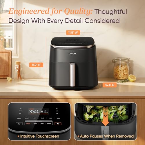 Cosori 9-in-1 TurboBlaze Air Fryer 6 Qt, PFAS-Free Ceramic Coating, 90°–450°F, Precise Heating for Even Results, Air Fry, Roast, Bake, Broil, Dry, Frozen, Proof, Reheat, Keep Warm, 120V, Dark Gray
