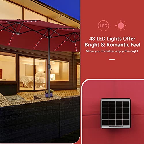 Tangkula 11 Pieces Patio Dining Set with 15ft Double-Sided LED Patio Umbrella (Base Included), Outdoor Rattan Furniture Set with 8 Stackable Chairs, Acacia Wood Dining Table and Umbrella (Wine)