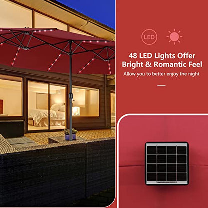 Tangkula 11 Pieces Patio Dining Set with 15ft Double-Sided LED Patio Umbrella (Base Included), Outdoor Rattan Furniture Set with 8 Stackable Chairs, Acacia Wood Dining Table and Umbrella (Wine)