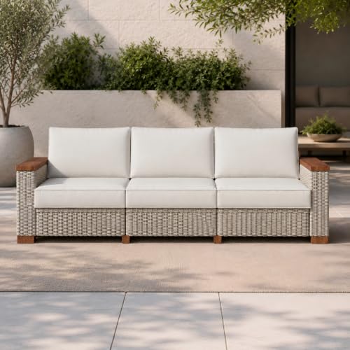 PaPaJet Outdoor Patio Sofa, 3 Seat Wicker Couch with Solid Armrests & Legs, 4.7" Thickened Removable Cushions, UV-Resistant Modular Sofa for Porch, Backyard, Garden