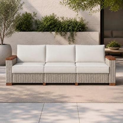 PaPaJet Outdoor Patio Sofa, 3 Seat Wicker Couch with Solid Armrests & Legs, 4.7" Thickened Removable Cushions, UV-Resistant Modular Sofa for Porch, Backyard, Garden