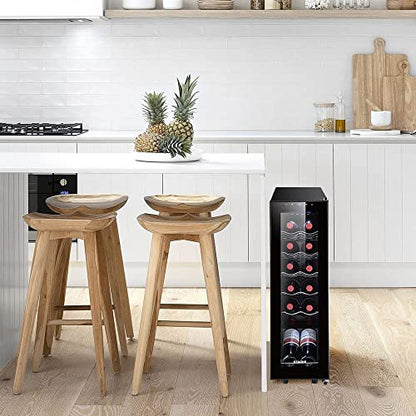 STAIGIS 12 Bottle Wine Cooler, Mini Fridge for Red and White, Small Freestanding Refrigerator with 40-66F Digital Temperature Control Glass Door