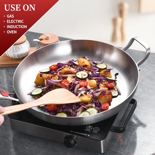 Inqibee 14-Inch Tri-Ply Stainless Steel Large Skillet with Lid,Large Frying Pan with Helper Handle,Jumbo Cooker,Induction Pan,Heavy Duty and Dishwasher Safe