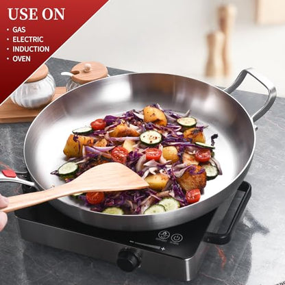 Inqibee 13-Inch Tri-Ply Stainless Steel Frying Pan with Lid and Helper Handle,Skillet,Induction Cooking Pan,Heavy Duty and Detachable Handle.