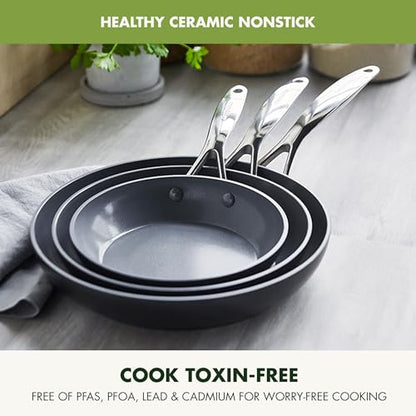 GreenPan Valencia Pro Ceramic Nonstick 8" 9.5" & 11" Fry Pan Skillet Set, Hard Anodized PFAS-Free, Induction Ready, Compatible on All Cooktops, Dishwasher Safe, Oven Safe to 600F, Gray