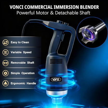 VONCI 500W Commercial Immersion Blender, 16" SUS 304 Removable Shaft, Heavy Duty Power Hand Mixer with Variable Speed 6000-20000RPM, Professional Electric Stick Blender for Restaurant Kitchen Use.