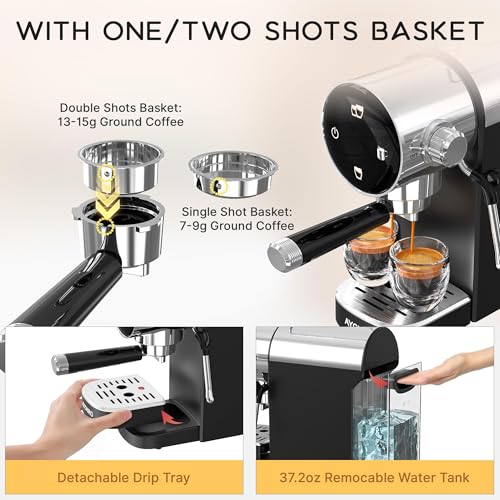 AYCHIRO 20 Bar Espresso Coffee Machine, Touchscreen Espresso Coffee Maker for Home, Cappuccino Maker with Removable Water Tank, Modern Black Design, Black