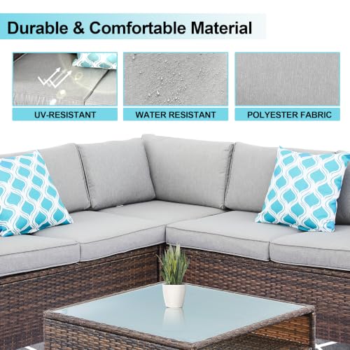 HOMEZILLIONS 6 Piece Outdoor Patio Furniture Sets, Modular Wicker Sectional Patio Furniture with Tempered Glass Coffee Table, Outdoor Sectional Sofa Set for Backyard, Poolside, Deck