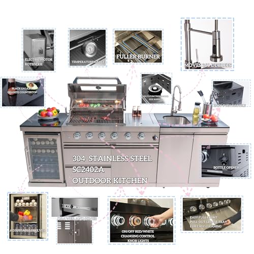 98 Inches Outdoor Kitchen Island, 4-Burner 72000 BTU Propane Stainless Steel BBQ with Side/Rear Burners, With Refrigerator and Sink, Rotisserie, Granite Countertops, Storage, For Backyard BBQ, Silver