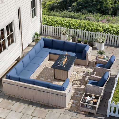 Aukreolis 18 Pieces Patio Furniture Set with Fire Pit Table, Outdoor Sectional Wicker Sofa with Thick Cushions, High Back Swivel Rocker Patio Chairs, Rattan Conversation Set with Coffee Table, Navy