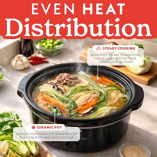Gourmia Slow Cooker - 6 Quart Removable Ceramic Pot, Manual Controls with 3 Temperature Settings, Dishwasher Safe Crock and Glass Lid, Black