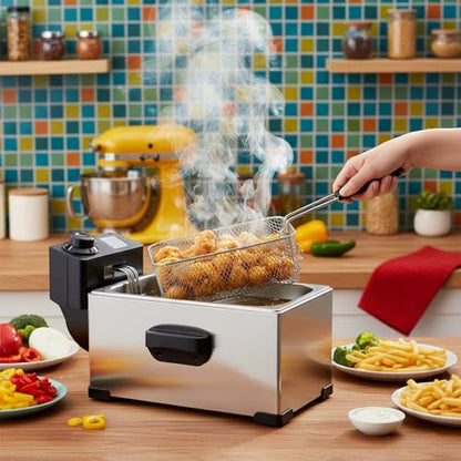 Electric Deep Fryer with Basket, 2500W 304 Stainless Steel Deep Fryer, 3.2 Qt (3.0L) Adjustable Temperature Electric Fryer for Home, Party & Holiday Cooking