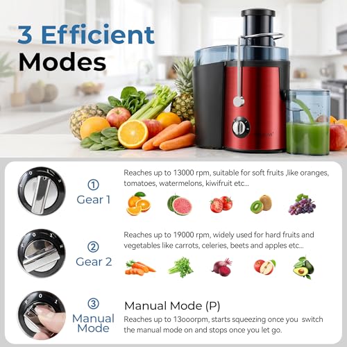 Boyuevi Juicer Machine, 800WCentrifugal Juicer for Whole Fruits and Vegetables,3 Inch Wide Feed Chute, Easy to Clean (red)