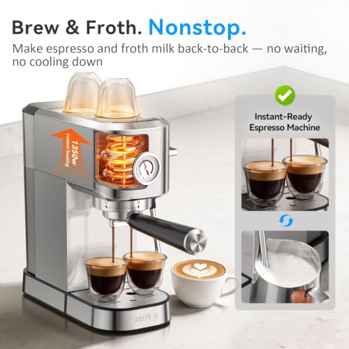 XIXUBX 20 Bar Espresso Machine, Compact Stainless Steel Espresso Maker with Milk Frother and Milk Frothing Pitcher, Coffee Machine for Cappuccino and Latte, 42 oz Water Tank for Home, Office, Silver