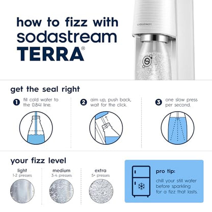 SodaStream TERRA Sparkling Water Maker, Value Bundle, CQC CO2 System, Includes 2 Quick Connect 60L CO2 Cylinders, 3 Dishwasher Safe BPA Free Bottles, 2 bubly Drops, Make your own Pepsi, White