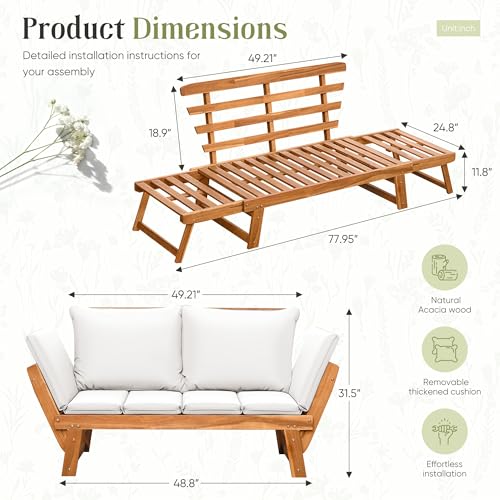 Flamaker Outdoor Couch with Adjustable Armrests, Acacia Wood Patio Loveseat with Soft Cushions, Convertible Patio Furniture for Balcony, Porch, Backyard (White)