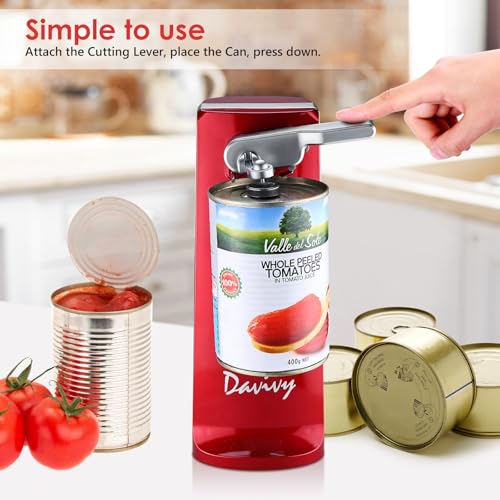 Davivy Electric Can Opener - One-Touch Hands-Free Operation, Removable Stainless Steel Cutter, 3-in-1 Design with Knife Sharpener & Bottle Opener (Red)