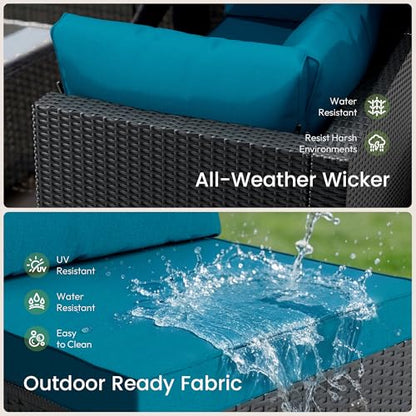 LAWNOOK Patio Furniture Set - All-Weather - 10 Piece Patio Outdoor Conversation Set, Modular Wicker Rattan Sectional Sofa for Backyard, Garden, Poolside, Balcony, Porch, Patio, Black/Peacock Blue
