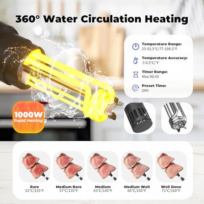 Sous Vide Machine Cooker, Immersion Circulator with Recipe, 1000W, Delay Start Function, Temp and Time Digital Display Control