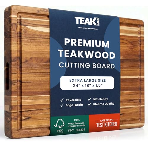 Teakhaus Carving Board with Juice Groove - Extra Large (XL) Teak Wood Cutting Board 24”L x 18”W x 1.5” Thick - Sustainably Harvested & FSC Certified - Knife Friendly with Beeswax Oil Finish
