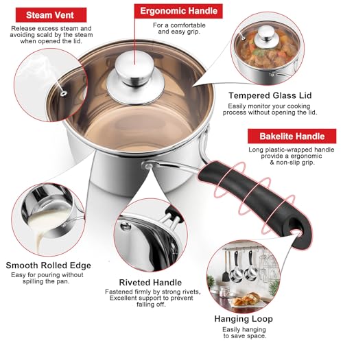 1 Quarts 18/10 Stainless Steel Saucepan, Joyfair Small Sauce Pan Milk Pot with Glass Lid for Cooking Stewing Boiling Spaghetti Soup, Extra Pan Wall & Heat-proof Bakelite Handle, Dishwasher Safe