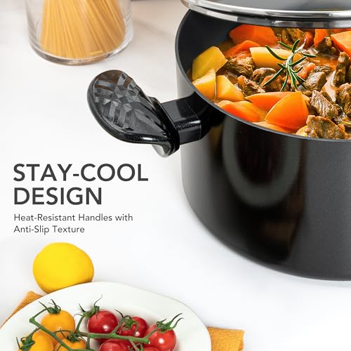 MICHELANGELO Stock Pot with Lid, 6 Quart Soup Pot with Lid, Nonstick Ceramic Cooking Pot with Stay-Cool Handle, Induction Compatible - 6QT, Black