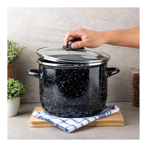 EKCO EOS 8-Quart Speckled Stockpot with Glass Lid (Black) Soup Pot for All Ranges, Dishwasher & Oven Safe up to 350°F - Non-Reactive Enameled Interior Pot for Gumbo, Stew, Boil, Pasta, Chili