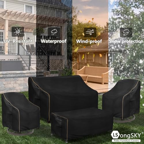 Patio Furniture Covers 4 Piece Set, 600D Heavy Duty Outdoor Furniture Covers Waterproof for Patio 3-Seater Sofa,Swivel Rocker Chair and Coffee Table Furniture Set,Black,XX-Large