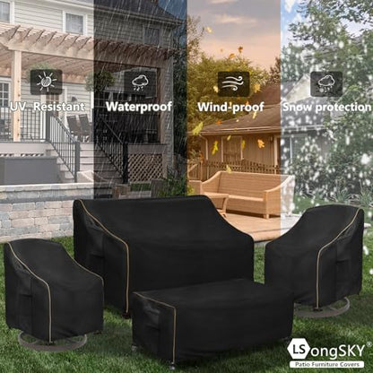 Patio Furniture Covers 4 Piece Set, 600D Heavy Duty Outdoor Furniture Covers Waterproof for Patio 3-Seater Sofa,Swivel Rocker Chair and Coffee Table Furniture Set,Black,XX-Large