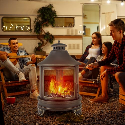 Giantex 2 in 1 Outdoor Fire Pit with Grill, 30 Inch Metal Chiminea, Wood Burning Fireplace with Chimney, Spark Screen Door & Fire Poker, Patio Firepit for Garden, Backyard, BBQ